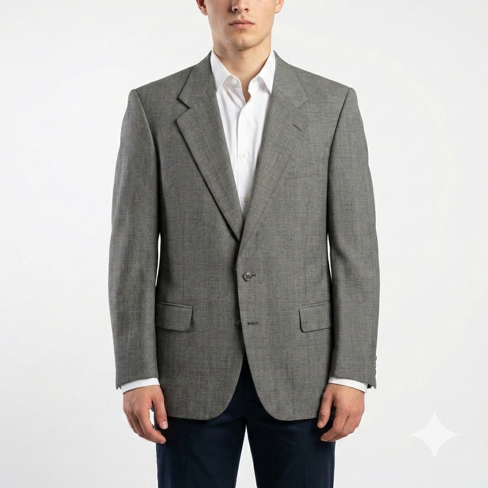 Burberrys Vintage Wool Glen Plaid Blazer Mens 44R Gray Academia Modern Heritage